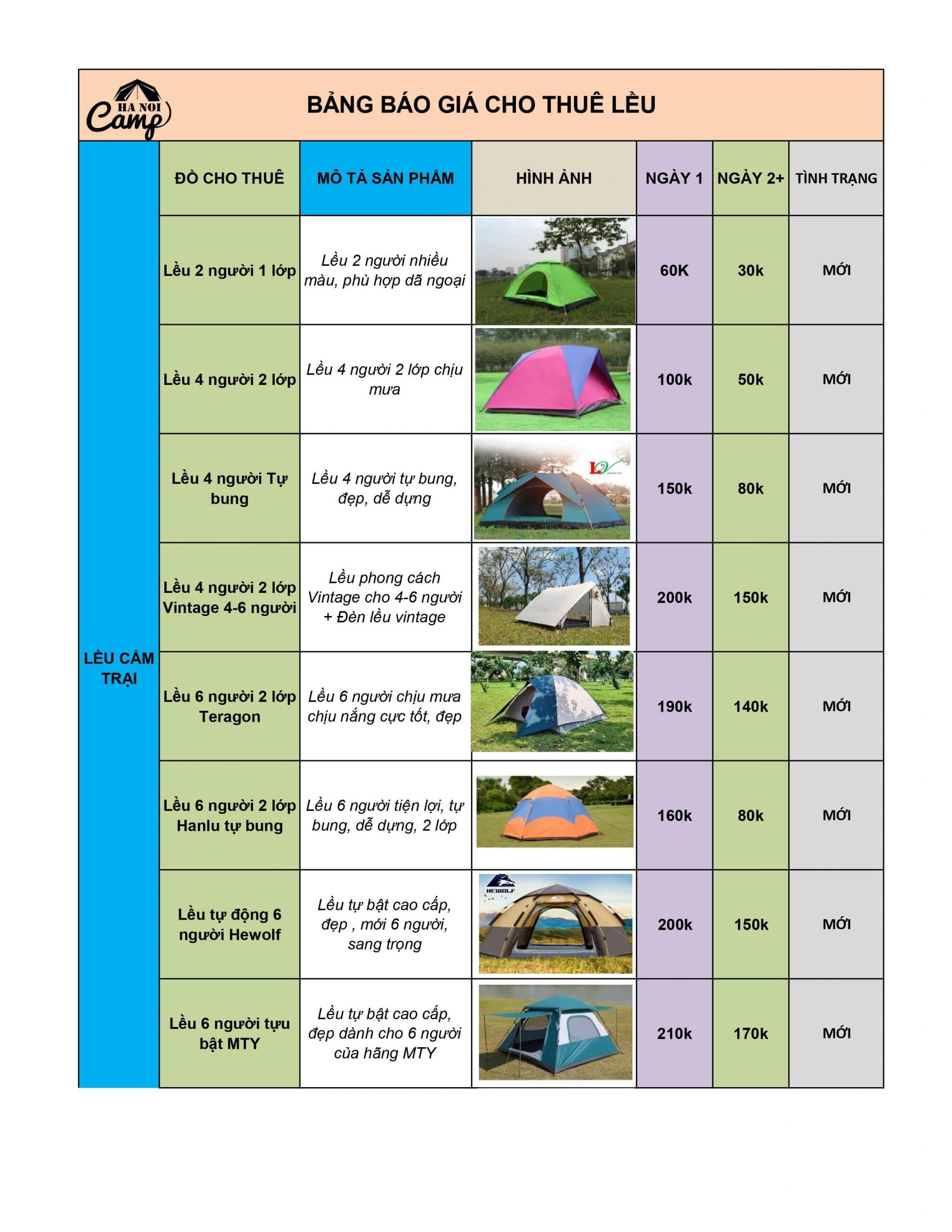 bảng giá cho thuê lều cắm trại tại hà nội - cắm trại công viên yên sở