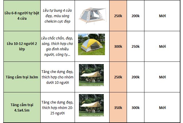 Bảng giá cho thuê lều cắm trại tại Hà Nội
