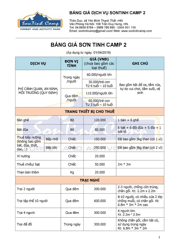 Giá vé Sơn Tinh Camp