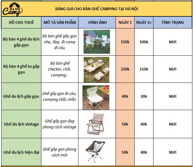 Bảng giá cho thuê bàn ghế camping tại Hà Nội